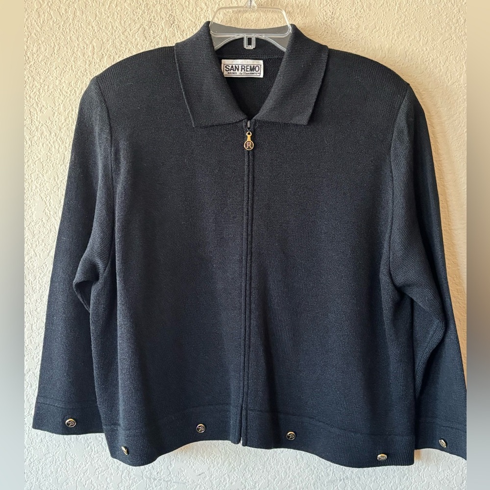 Vintage San Remo By Laura Knits Zip Front‎ Black Cardigan Size XL